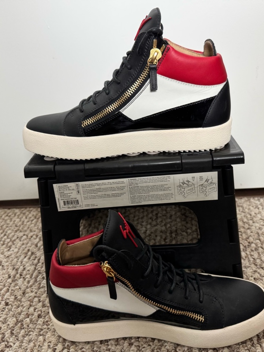Giuseppe Zanotti Black White Red High-Top Sneakers with Gold Zipper